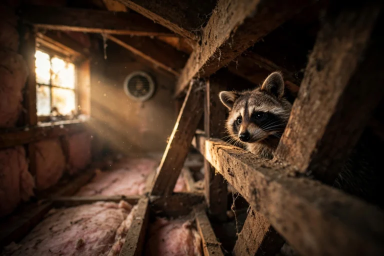 Raccoon peeking from behind wooden beams in a residential attic